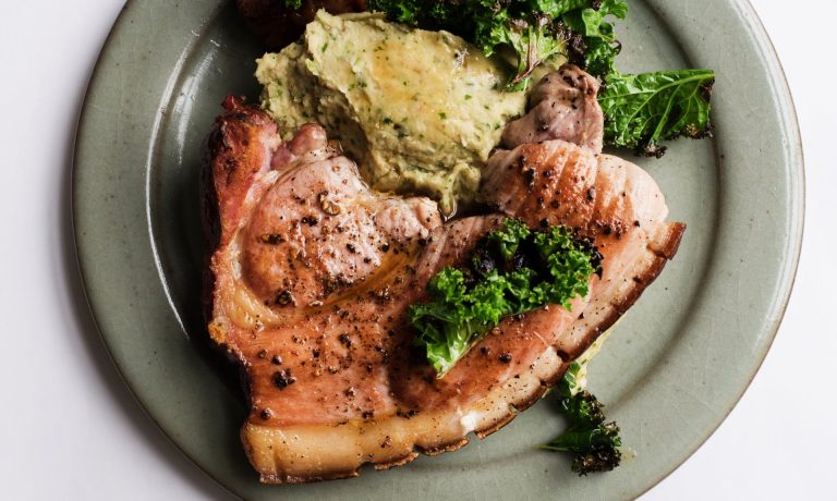 Nigel Slater’s gammon steak with butter beans and kale recipe