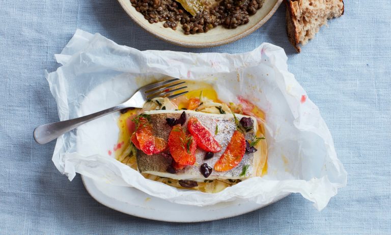 Thomasina Miers’ recipe for pollock and blood orange en papillote