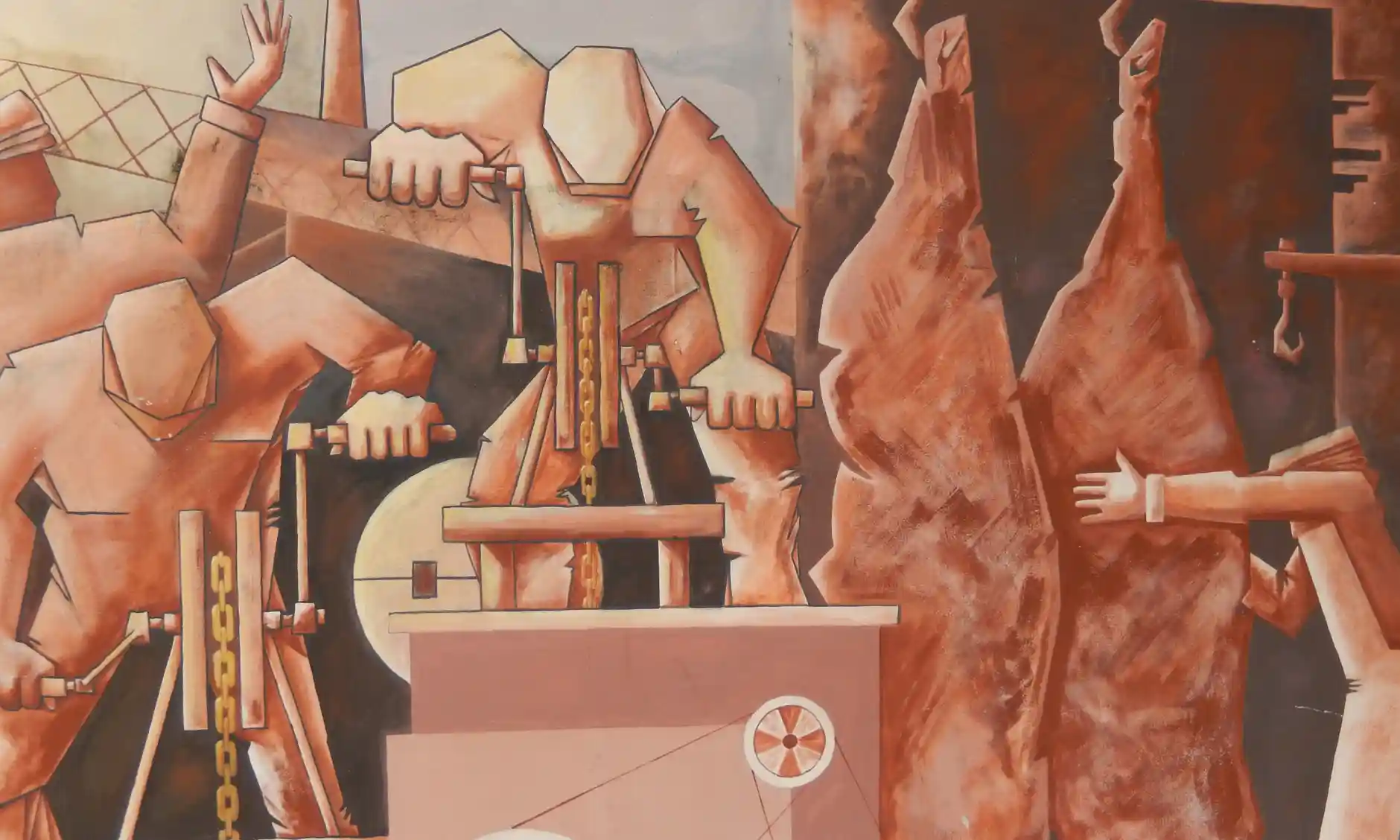 Meat processing, as depicted in a Fray Bentos mural in Uruguay.